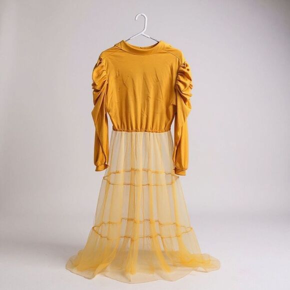 Ekaliy Sexy Long Sleeve High Low Dress Women 2XL Yellow Asymmetrical Ruffle - Picture 6 of 10